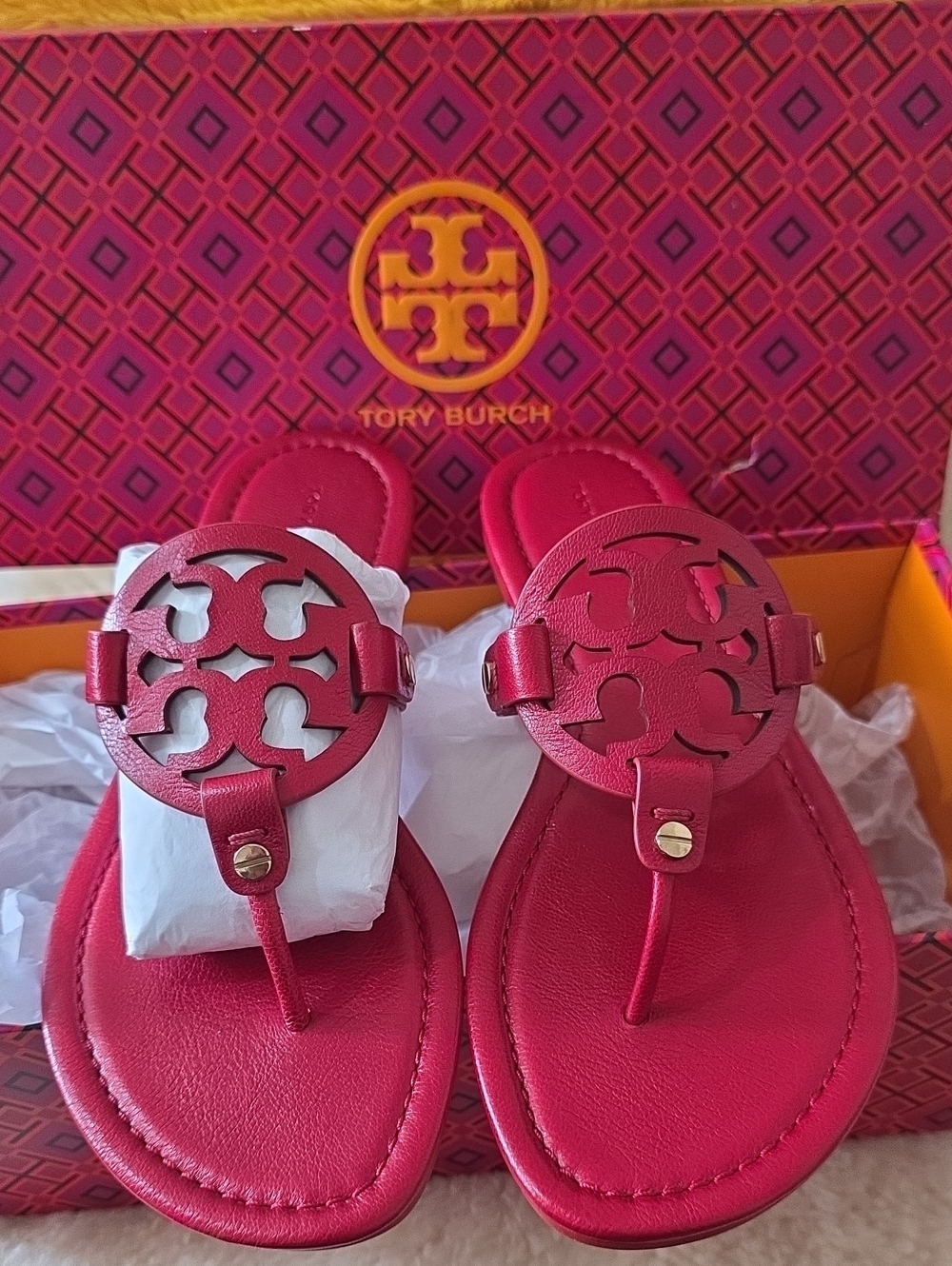 Tory Burch Red Leather Cutout Logo Thong Sandal